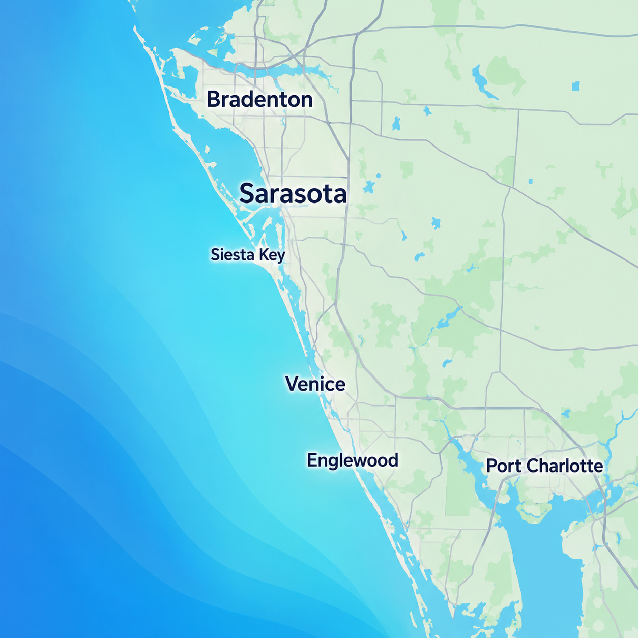 Map of Clearview Window Cleaning service areas — Bradenton, Sarasota, Siesta Key, Venice, Englewood, and Port Charlotte on the Florida Gulf Coast